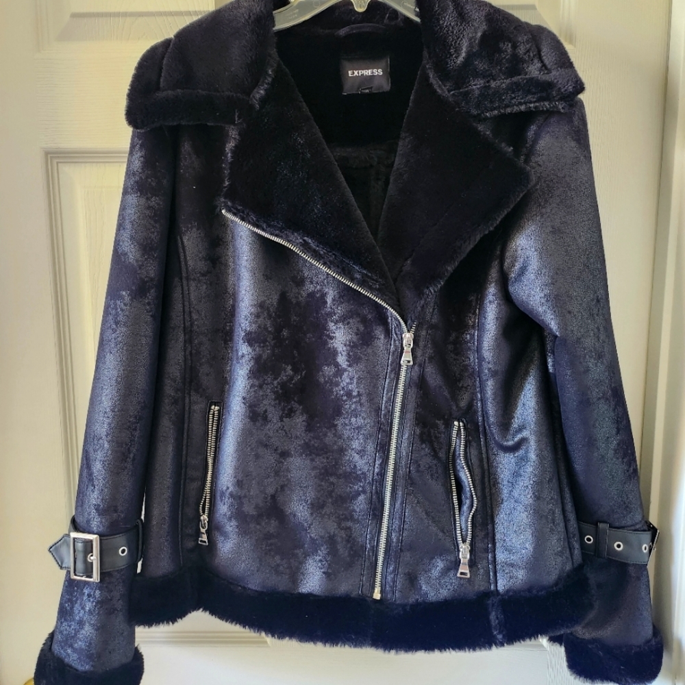 EXPRESS faux fur lined moto style coat